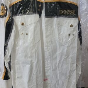 COOGI White Button-Front Shirt Jacket with Black & Gold Trim